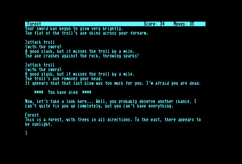 Zork: The Great Underground Empire Commodore 128 Screenshot: Oh no, a troll killed me!