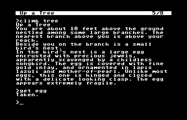 Zork: The Great Underground Empire Commodore 64 Screenshot: Found an egg up in the tree.