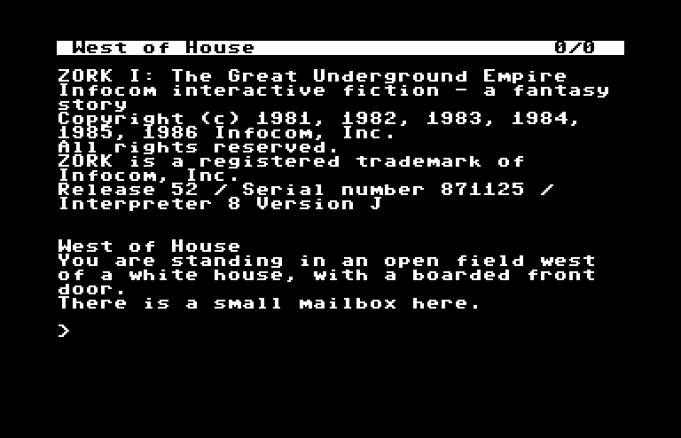 Zork: The Great Underground Empire Commodore 64 Screenshot: Starting location.
