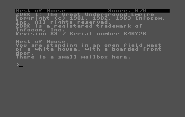 Zork: The Great Underground Empire Commodore 16 & Plus/4 Screenshot: Starting location.
