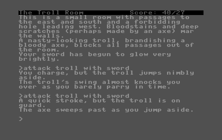 Zork: The Great Underground Empire Commodore 16 & Plus/4 Screenshot: This troll can be tough!