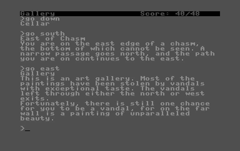 Zork: The Great Underground Empire Commodore 16 & Plus/4 Screenshot: An art gallery; maybe I can find some treasure here!