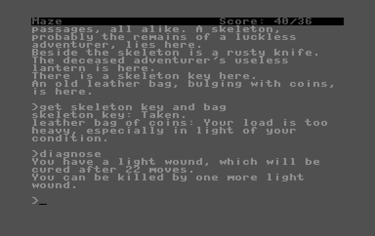 Zork: The Great Underground Empire Commodore 16 & Plus/4 Screenshot: I can't carry everything due to a light wound.