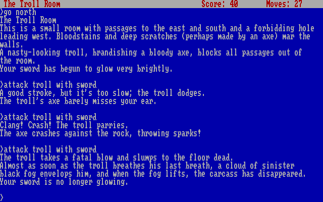 Zork: The Great Underground Empire IBM PC/Compatibles Screenshot: attacking a troll!