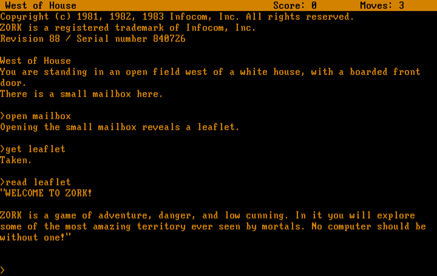 Zork: The Great Underground Empire IBM PC/Compatibles Screenshot: Reading a leaflet I found.