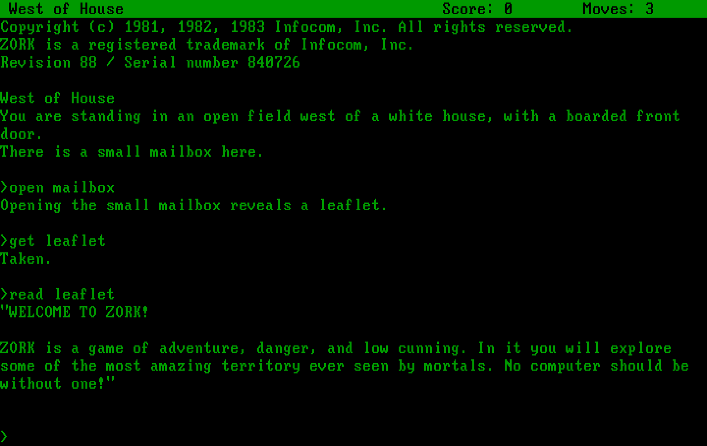 Zork: The Great Underground Empire IBM PC/Compatibles Screenshot: Reading a leaflet I found.