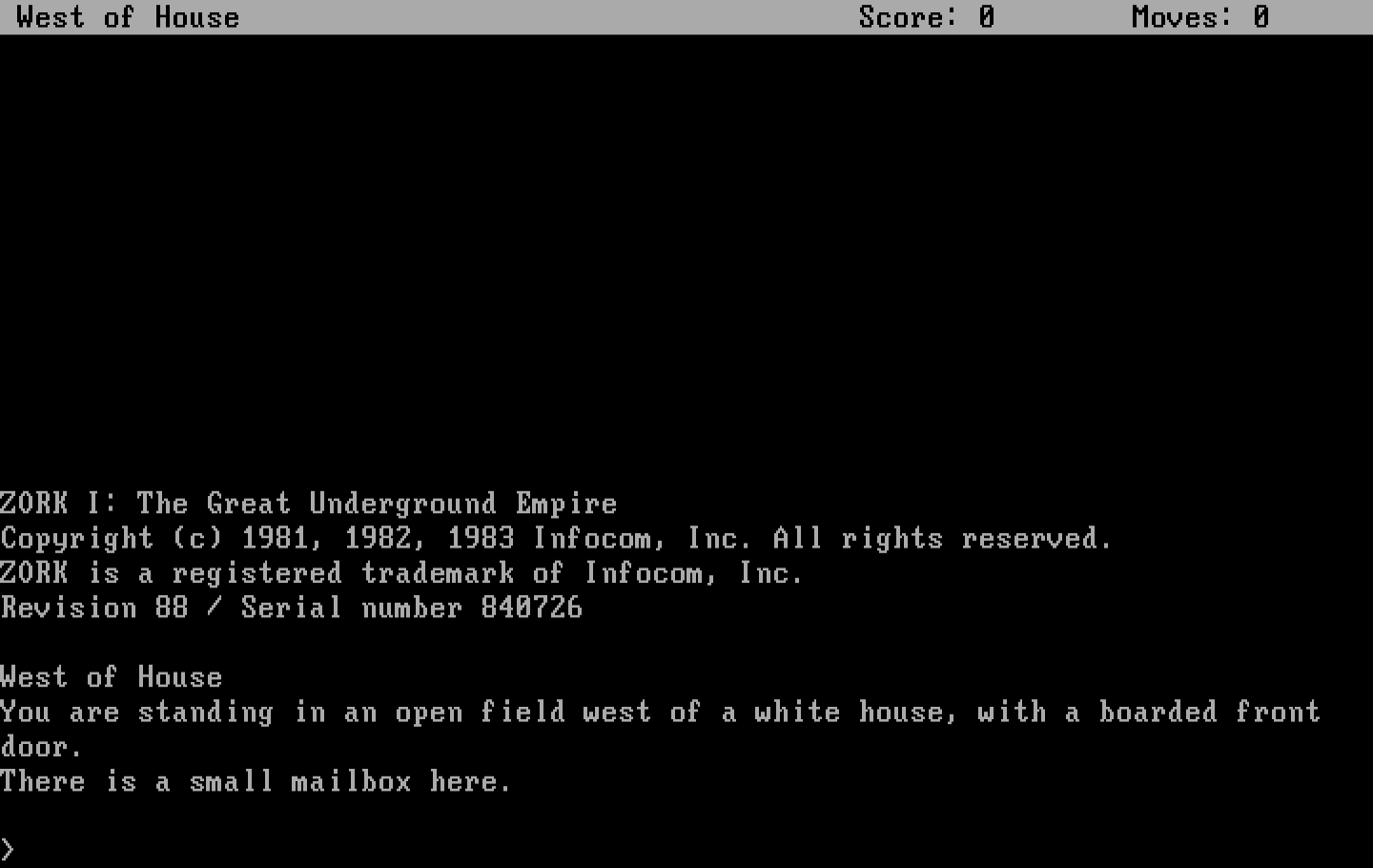 Zork: The Great Underground Empire IBM PC/Compatibles Screenshot: Starting location.