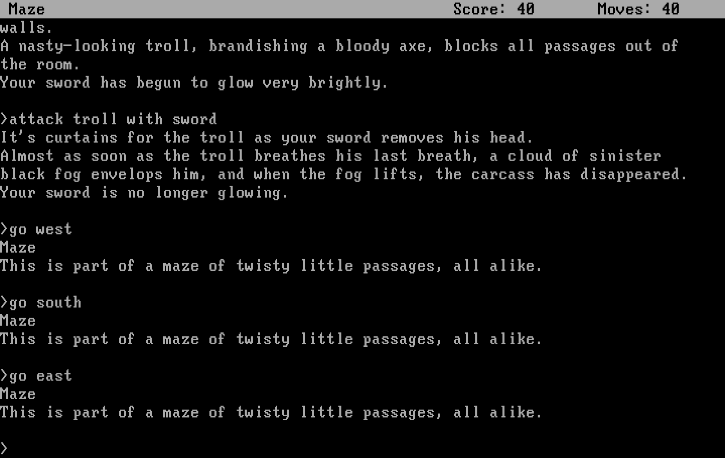 Zork: The Great Underground Empire IBM PC/Compatibles Screenshot: Lost in a maze of twisty little passages, all alike.