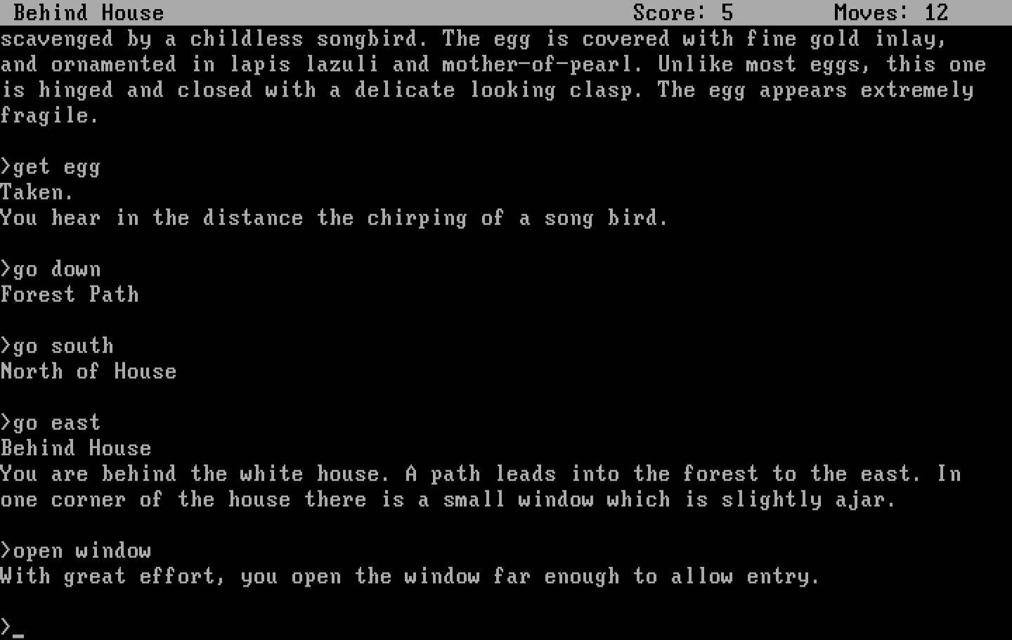 Zork: The Great Underground Empire IBM PC/Compatibles Screenshot: The window opened, looks like I found a way into the house!
