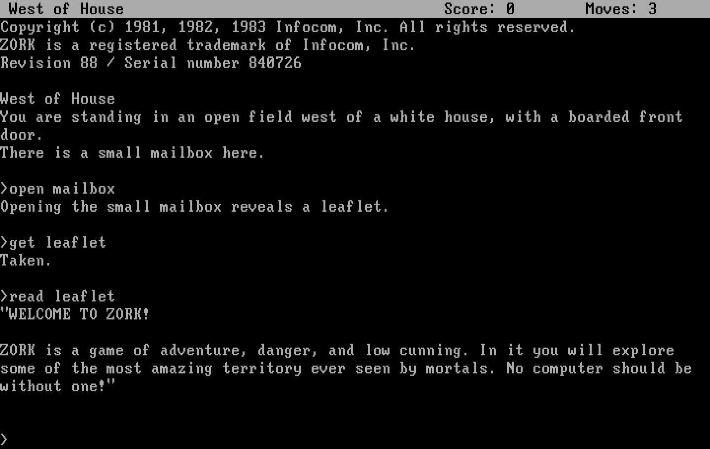 Zork: The Great Underground Empire IBM PC/Compatibles Screenshot: Reading a leaflet I found.