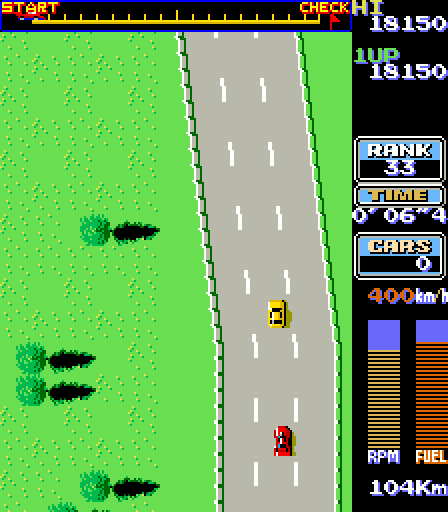 Road Fighter Arcade Screenshot: The road is narrow here.