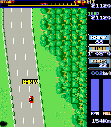 Road Fighter Arcade Screenshot: I'm out of fuel.