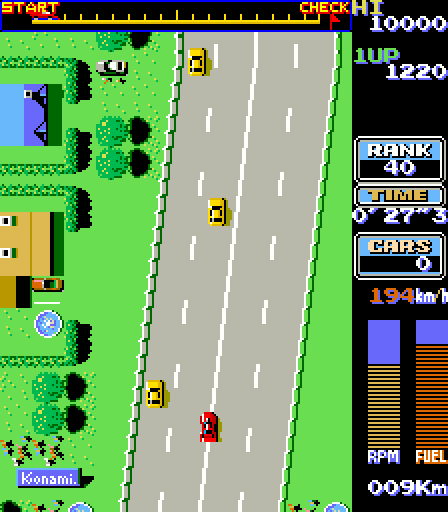 Road Fighter Arcade Screenshot: Racing; don't crash into cars!