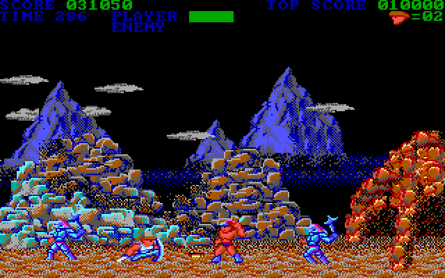Trojan IBM PC/Compatibles Screenshot: Duck down to block a projectice with the shield.