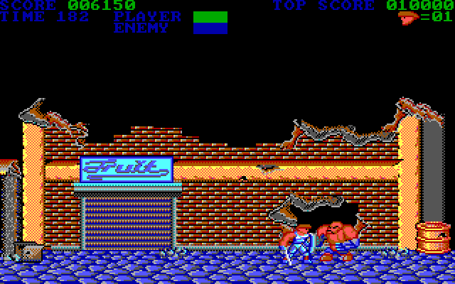 Trojan IBM PC/Compatibles Screenshot: The first end of level boss breaks through that wall...