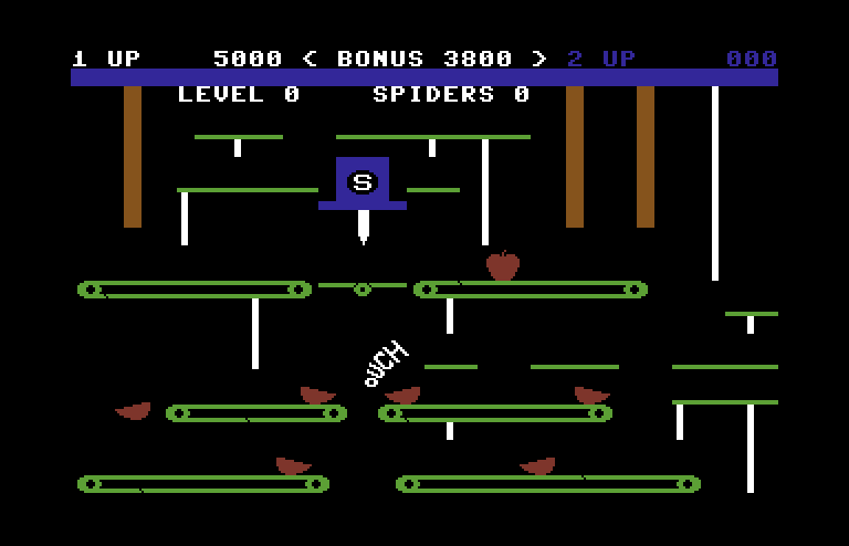 Apple Cider Spider Commodore 64 Screenshot: Ouch, an apple piece hit me!