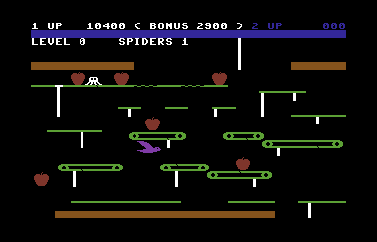 Apple Cider Spider Commodore 64 Screenshot: Riding a conveyor belt with the apples.