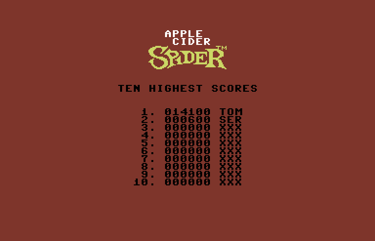Apple Cider Spider Commodore 64 Screenshot: The ten highest scores.