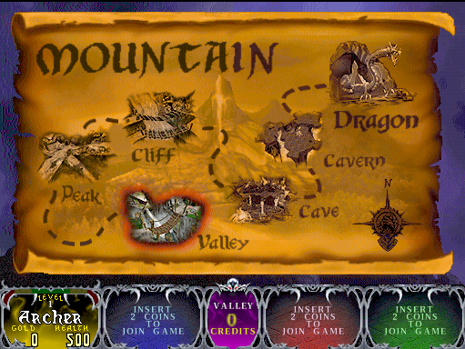 Gauntlet: Legends Arcade Screenshot: The map for the mountain journey.