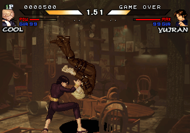 Daraku Tenshi: The Fallen Angels Arcade Screenshot: Down goes Mr. Cool...