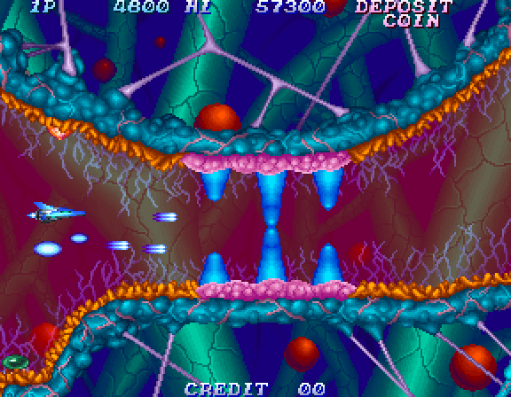 Salamander 2 Arcade Screenshot: Narrow passage here!