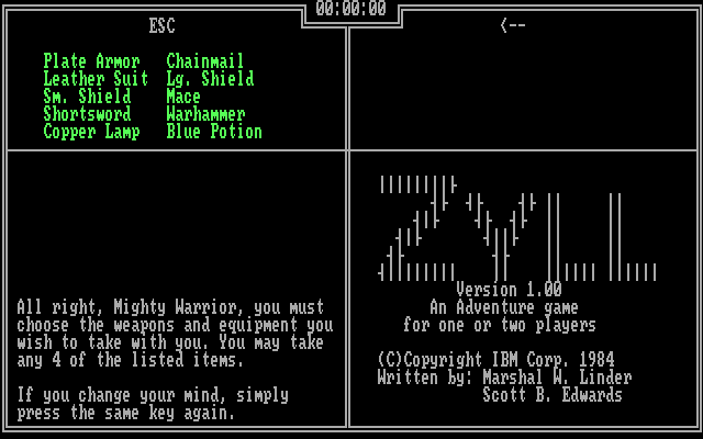 Zyll: A Text Adventure Game IBM PC/Compatibles Screenshot: Selecting weapons.