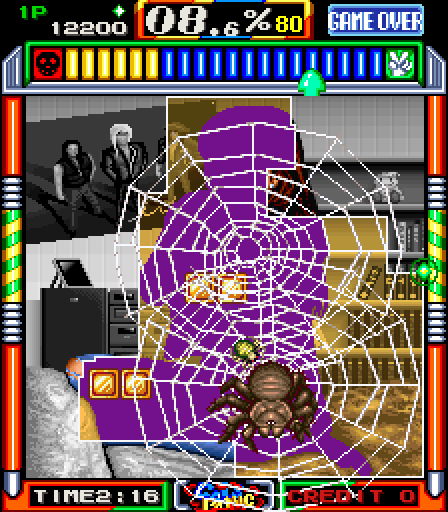 Gals Panic Arcade Screenshot: Those spider webs will slow you down...