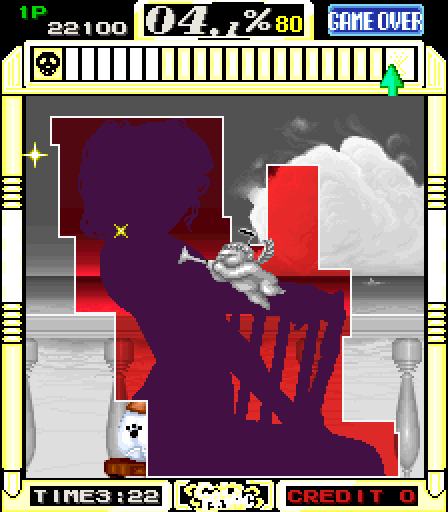 Gals Panic Arcade Screenshot: That character with the horn indicates the level is complete.