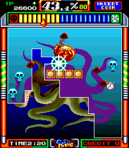 Gals Panic Arcade Screenshot: Change! The meter dropped too low, so now there's an octopus...