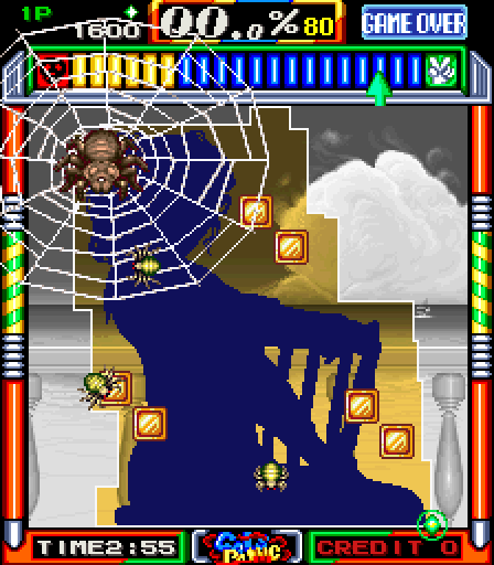 Gals Panic Arcade Screenshot: The spider webs in the first stage for each girl cause your marker to move very slowly.