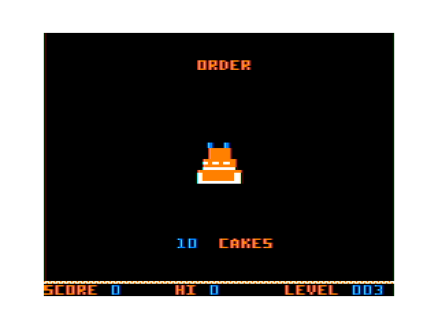 Panic Button TRS-80 Color Computer Screenshot: Time to make 10 cakes...