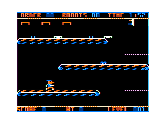 Panic Button TRS-80 Color Computer Screenshot: Game start; the conveyor belts are now in motion!