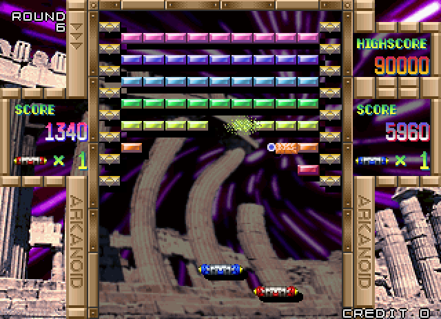 Arkanoid Returns Arcade Screenshot: Breaking through layers of bricks...