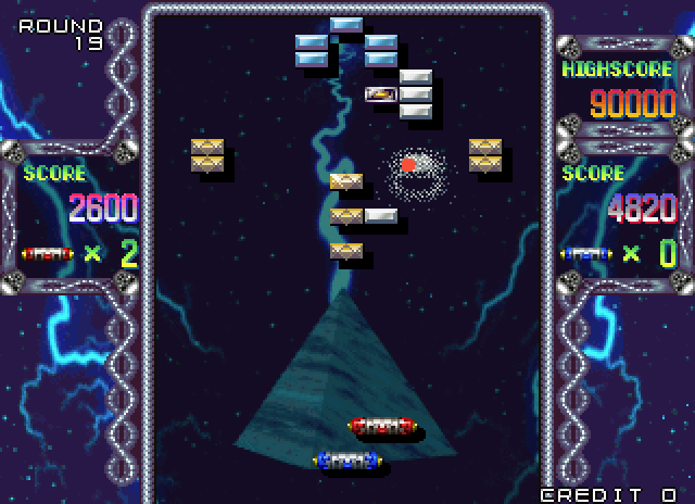 Arkanoid Returns Arcade Screenshot: A brick is destroyed...