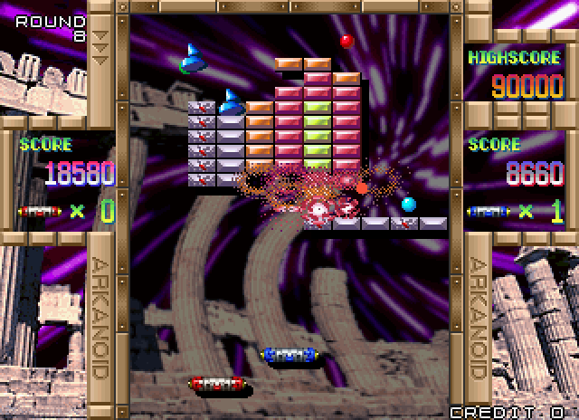 Arkanoid Returns Arcade Screenshot: Multiple bricks destroyed at once with this power up...