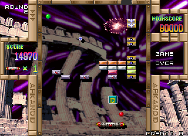Arkanoid Returns Arcade Screenshot: Round 2; catch the "D" capsule for multiple balls!