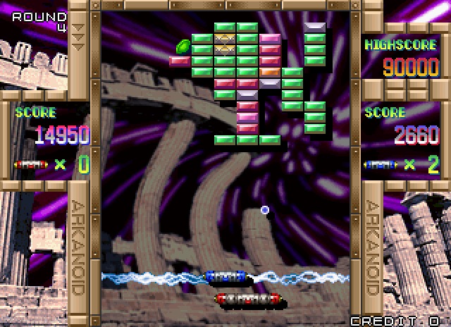 Arkanoid Returns Arcade Screenshot: That energy field allows you to miss the ball just once...l