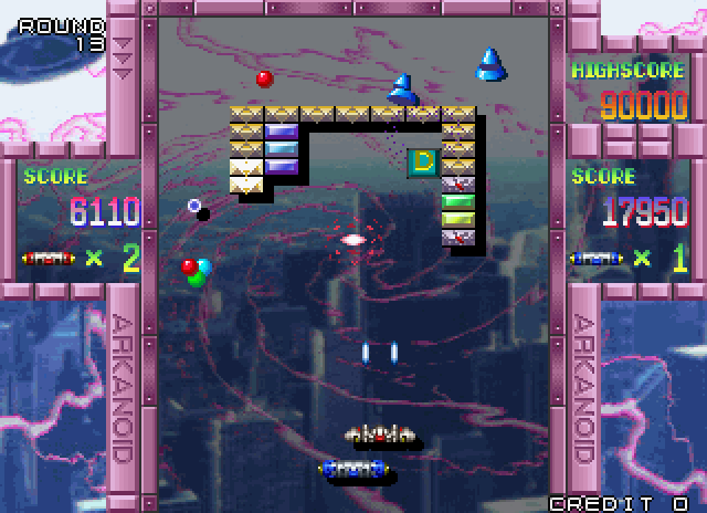 Arkanoid Returns Arcade Screenshot: Use lasers to blast bricks.