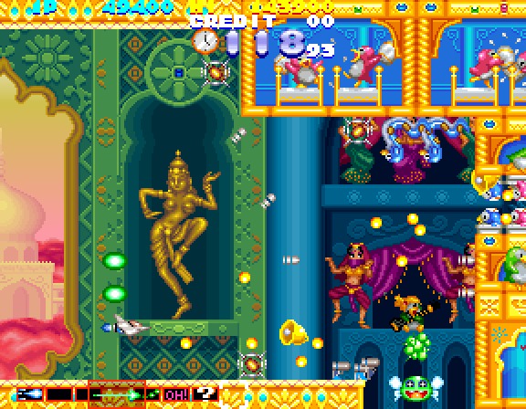 Sexy Parodius Arcade Screenshot: This level has a lot of walls to navigate or blast through.