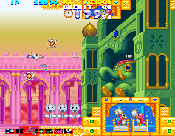 Sexy Parodius Arcade Screenshot: A dead end? There is some way through here...