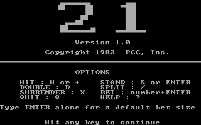 21 IBM PC/Compatibles Screenshot: Title screen and instructions