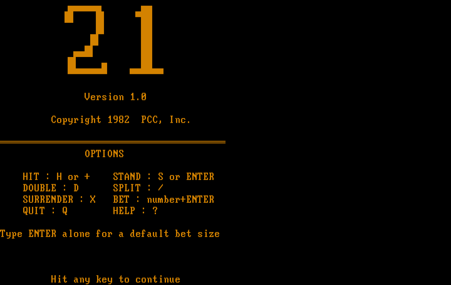 21 IBM PC/Compatibles Screenshot: Title screen and instructions