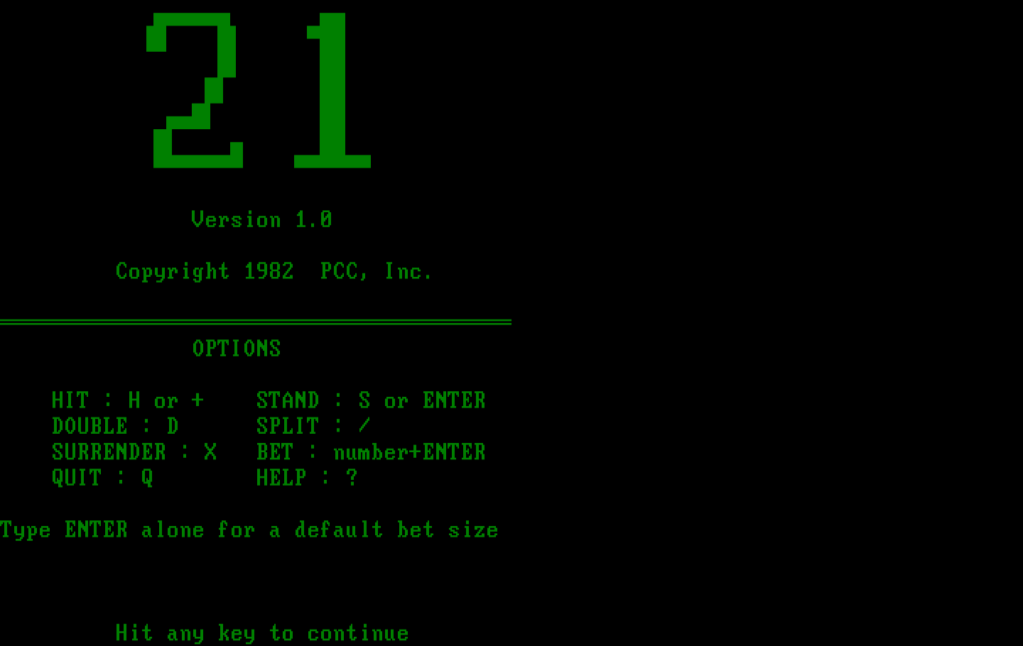 21 IBM PC/Compatibles Screenshot: Title screen and instructions