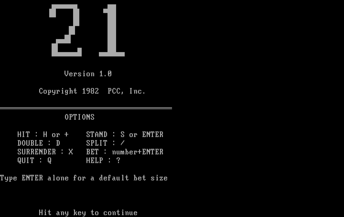 21 IBM PC/Compatibles Screenshot: Title screen and instructions