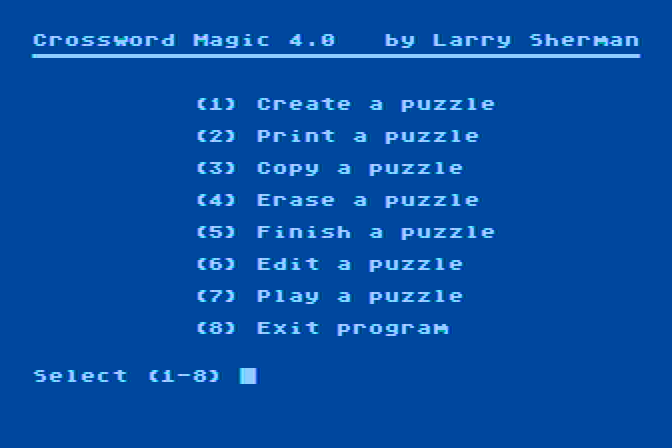 Crossword Magic Atari 8-bit Screenshot: The main menu.