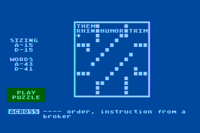Crossword Magic Atari 8-bit Screenshot: Filling in some words in the puzzle...