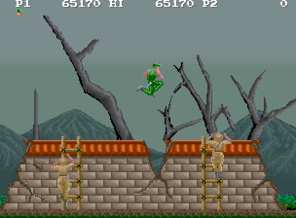 M.I.A.: Missing in Action Arcade Screenshot: You can jump over gaps in the platforms.