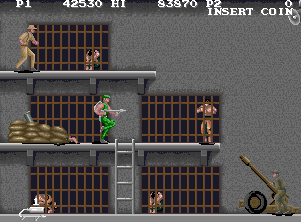 M.I.A.: Missing in Action Arcade Screenshot: I need to defeat all enemies in the area before I can free the prisoners.