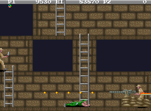 M.I.A.: Missing in Action Arcade Screenshot: Duck! Machine gun fire is tough to dodge...