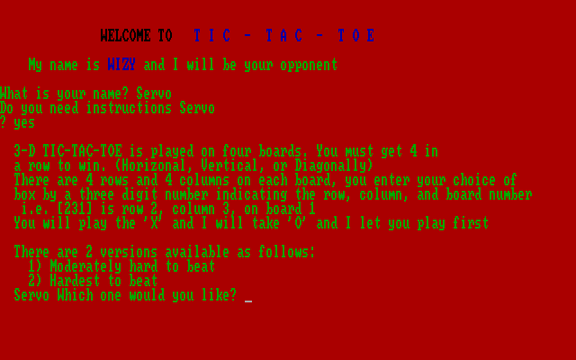 3D Tic-Tac-Toe IBM PC/Compatibles Screenshot: Game instructions.